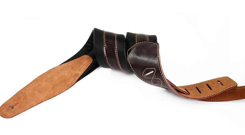 Wide padded full-grain leather guitar strap with suede backing