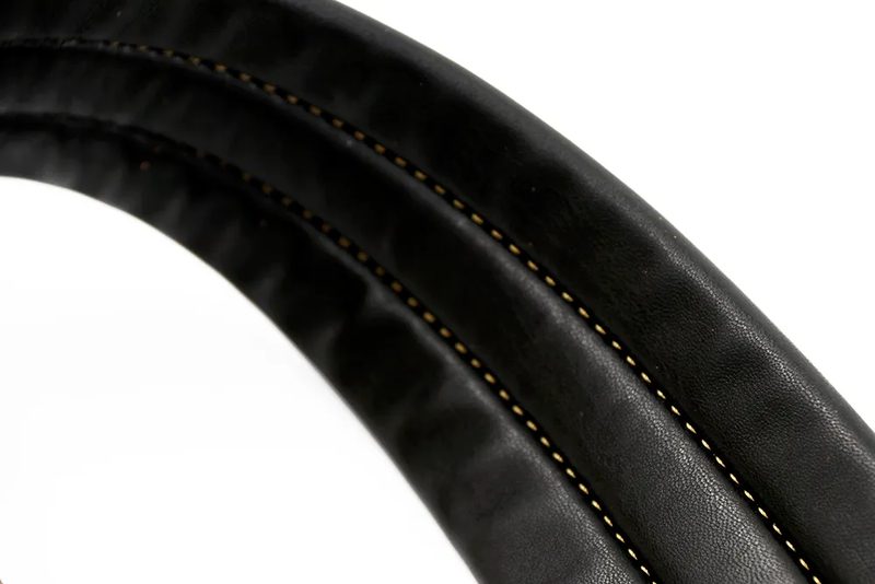 Extra-wide padded leather bass strap edge and stitching